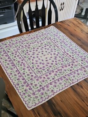 Vintage Hand Rolled Hem Floral Lavender and Green Square Scarf 26sq
